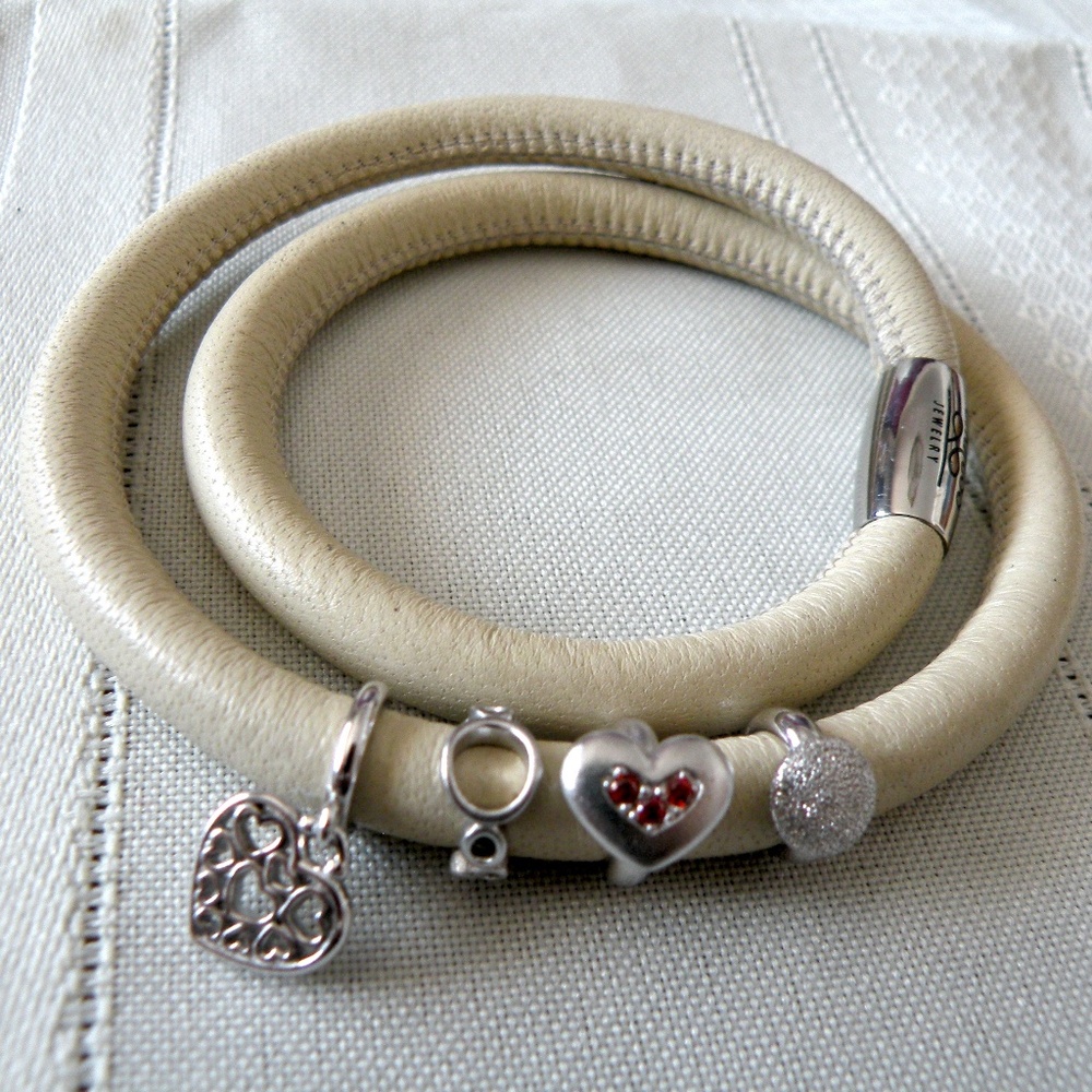 Endless Jewelry Nude Leather Double Wrap Bracelet w 4 Silver Charms (or Choker)